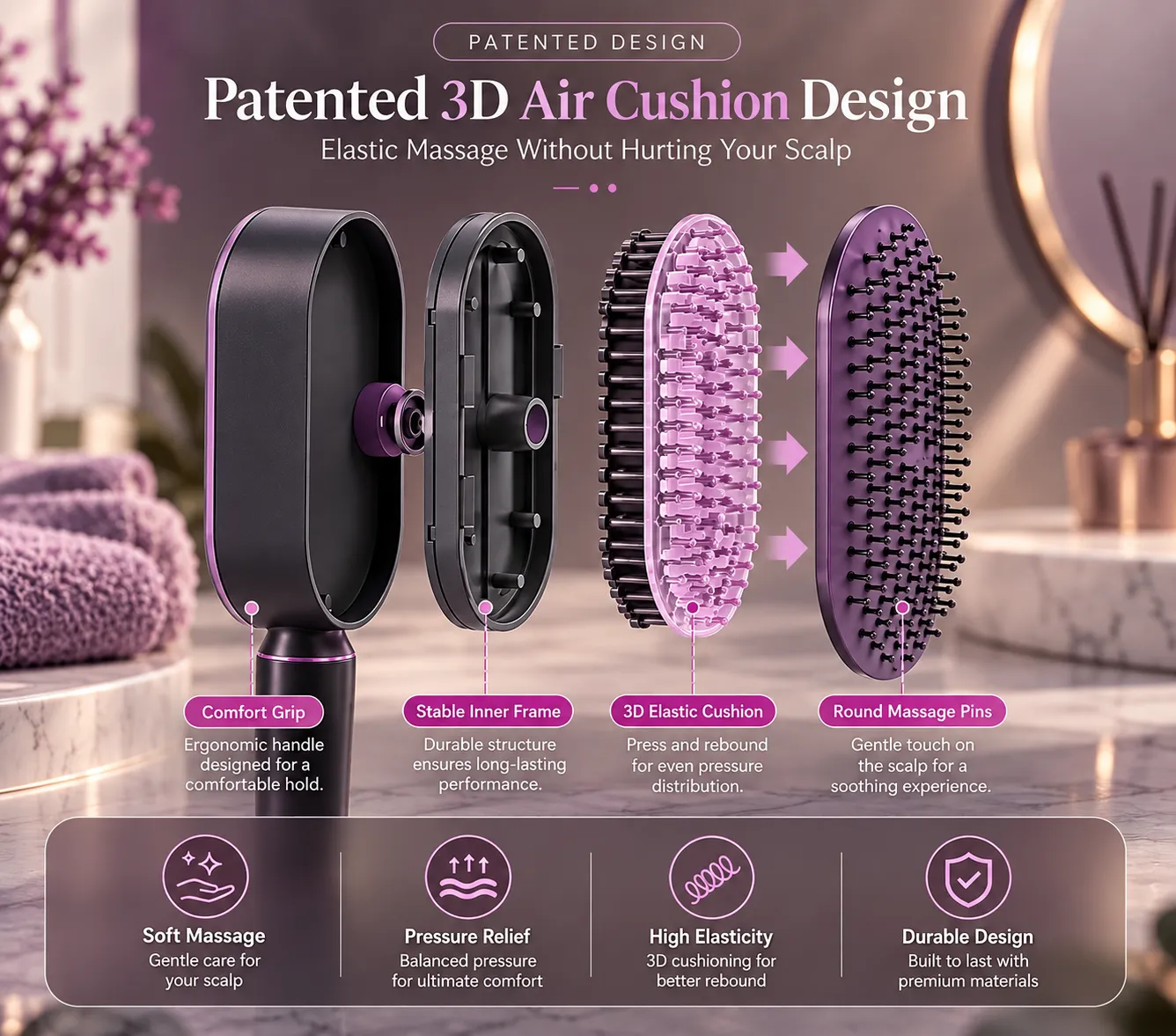 Patented 3D Air Cushion design: comfort grip, stable inner frame, 3D elastic cushion and round massage pins, with soft massage, pressure relief, high elasticity and durable design
