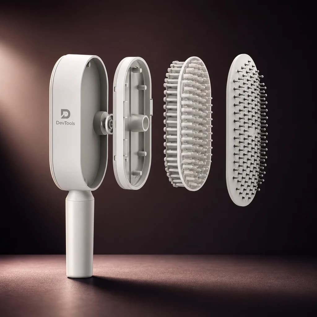 CleanClick Self-Cleaning Hair Brush shown taken apart into its four parts